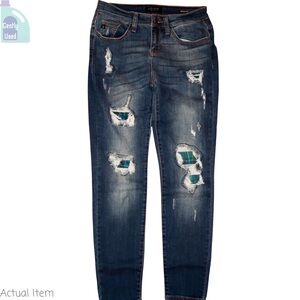Judy Blue Green and Blue Blackwatch Plaid Distressed Skinny Jeans Size 9 👖💚💙